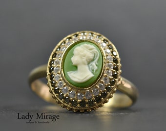 925 Silver Ring - 14k Gold Plated - Lady Cameo - Cubic Zirconia - Adjustable - Vintage Jewelry - Gemme - Gift for Her - Christmas Gift