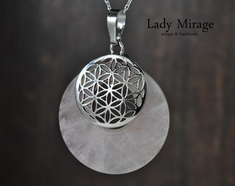 Flower of Life Silver Necklace with Rose Quartz