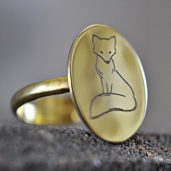 925 Sterling Silver Fox Ring - 14K Gold Plated - Oval - Adjustable