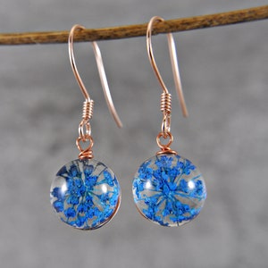 Real flowers 925 silver earrings blue rose gold ball earrings handmade unique gift for her pressed flowers image 1