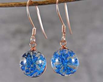 Real flowers - 925 silver - earrings - blue - rose gold - ball earrings - handmade - unique - gift for her - pressed flowers