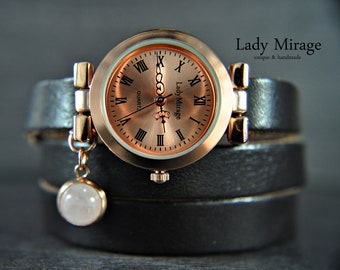 Rosenquarz Leder-Armbanduhr - Roségold