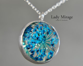 925 Silver - Real Blue Flowers Necklace - Mothers day gift