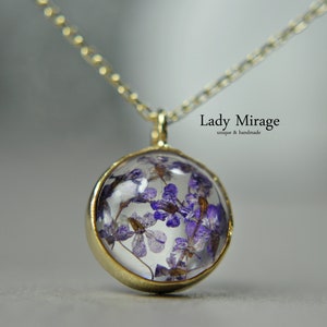 Golden necklace with 925 silver pendant - Real flowers - Natural jewelry - Purple - Round - Handmade - Perfect love gift - Christmas jewelry