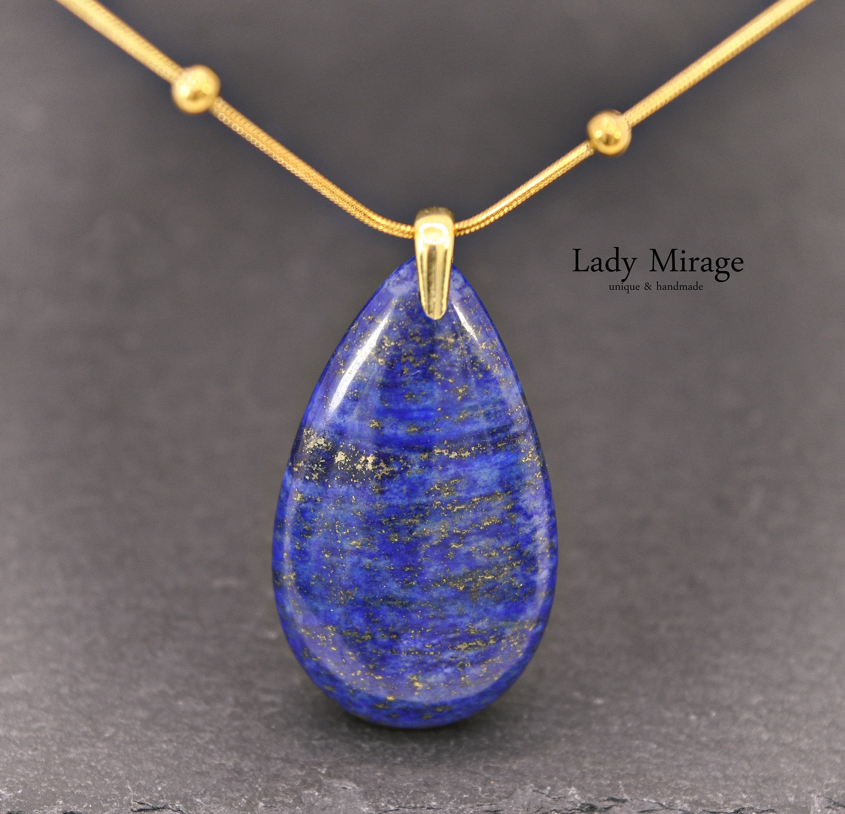 Collana In Lapislazzuli A Goccia Con Catena Placcata Oro 14k - Fatta A Mano, Pietra Vera Per Chakra Della Gola