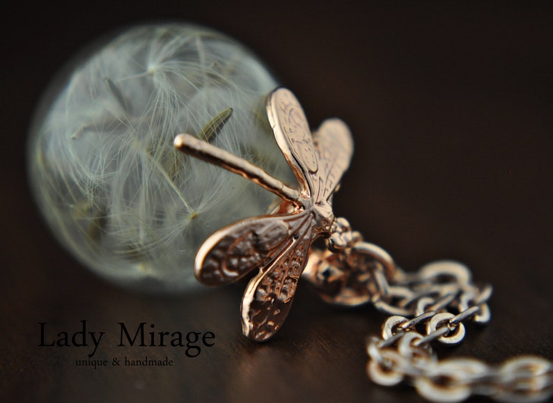 Dragonfly Real Dandelion Necklace Rose Gold imagen 3