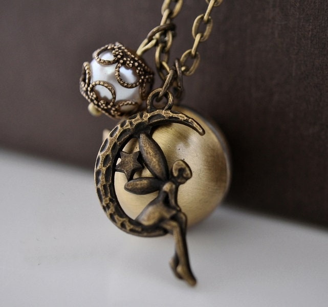 Médaillon Vintage + Chaîne Collier Bronze - Motif Fée/fairy - Neuf Sans Emballage