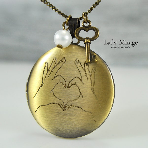 Heart Hands Locket Necklace - Photo Locket - Love - Brass - Photo Pendant -