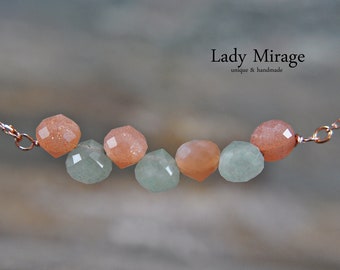 925 sterling silver - sun stone - aventurine chain - rose gold - gift for her - briolette - autumn - short necklace - Christmas present