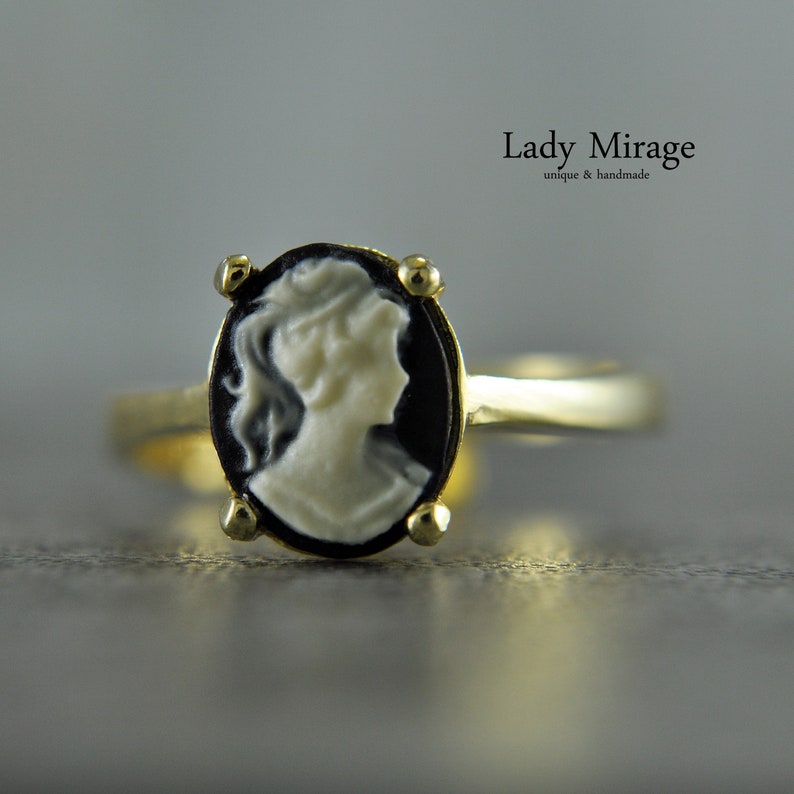 925 Silver Ring 14k Gold Plated Lady Cameo Adjustable Vintage Jewelry Cameo Statement Ring Antique Art Nouveau Jewelry Black imagen 2