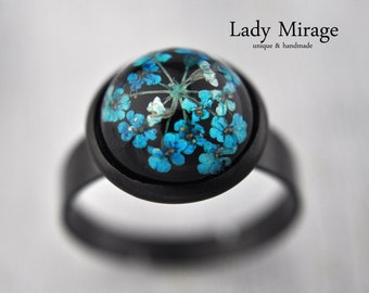 Echte Blüten Ring Schwarz - Blau