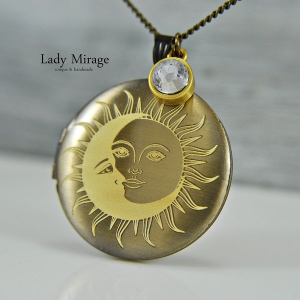 Moon and Sun - Locket Necklace - Photo Locket - with Rhinestone - Brass - Photo Pendant - Crescent Moon - Great Gift -