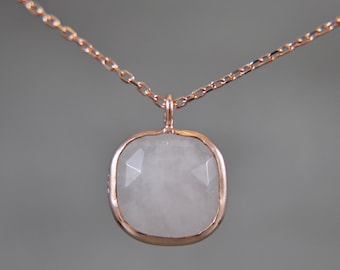 925 Silver - Rose quartz necklace- square - rose gold plated - faceted