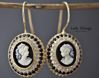 925 gold-plated silver - 14k gold-plated - zirconia - black - cameo earrings - vintage - gemstone - hanging earrings - wedding - gift for her
