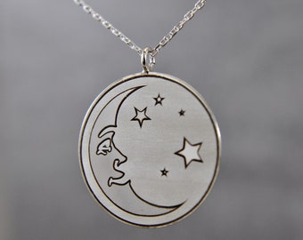 925 Silber -  Mond und Stern Kette - 45 cm - Verstellbar - Runde Anhänger Halskette  - Einzigartige Geschenkidee - Geschenk für Sie