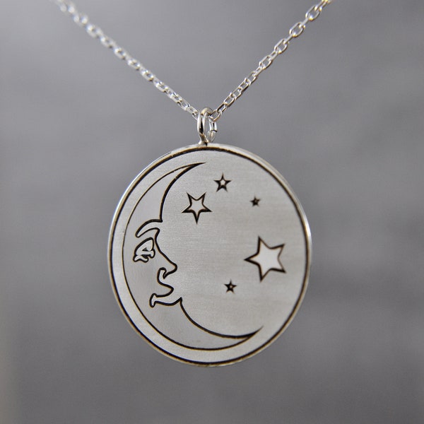 925 Silver - Moon and Stars Chain - 45 cm - Adjustable - Round Pendant Necklace - Unique Gift Idea - Gift for Her