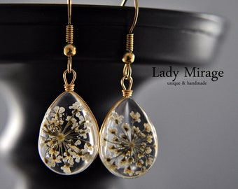 Real Flower Earrings - Gold Plated - jewellery - White - dangle - drop - handmade earrings - gifts