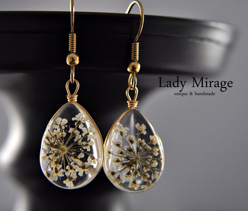 Real Flower Earrings Gold Plated jewellery White dangle drop handmade earrings gifts image 1
