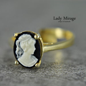 925 Silver Ring 14k Gold Plated Lady Cameo Adjustable Vintage Jewelry Cameo Statement Ring Antique Art Nouveau Jewelry Black imagen 1