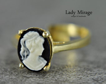 925 Silver Ring  14k Gold Plated  Lady Cameo  Adjustable  Vintage Jewelry  Cameo Black