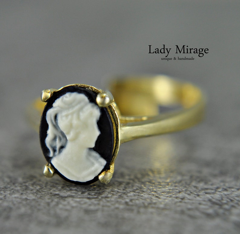 925 Silver Ring 14k Gold Plated Lady Cameo Adjustable Vintage Jewelry Cameo Statement Ring Antique Art Nouveau Jewelry Black imagen 1