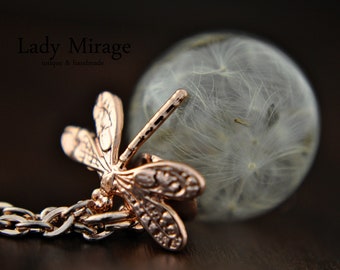 Dragonfly Real Dandelion Necklace -Rose Gold-