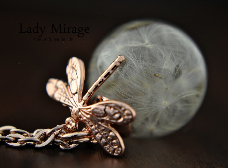 Dragonfly Real Dandelion Necklace Rose Gold imagen 1