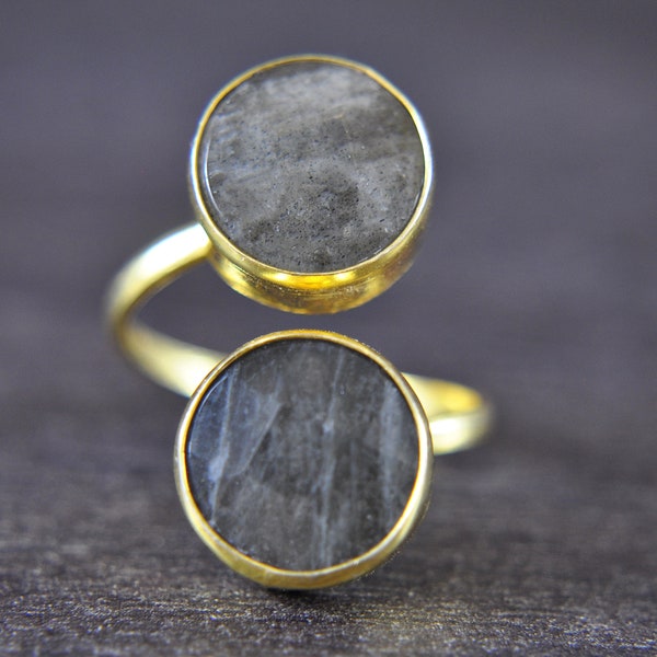 Labradorite Double Ring -  925 Sterling Silver - 14 K Gold-plated