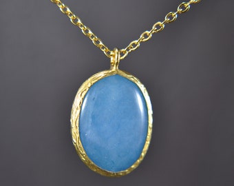 Jade necklace - gold plated - brass - blue - short chain - 45 cm -  oval - pendant - gift for her