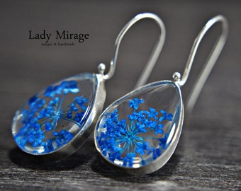 Real Blue Flower Earrings made of 925 Sterling Silver