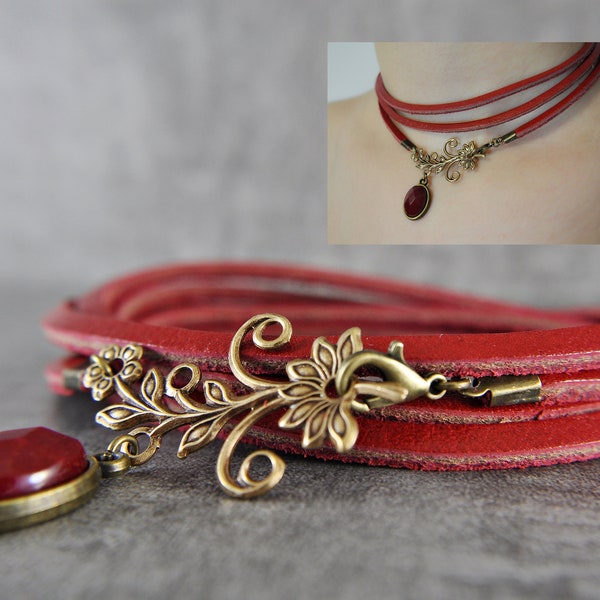 Leder Choker  - Frühlingstraum - Jewelry - Geschenk für Sie - Jade - Rot - Edelstein - Handmade
