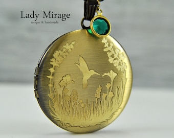 Hummingbird - Locket Necklace - Wildflowers - Emerald Green - Photo Locket - Family Photo - Brass - Photo Pendant - Great Gift Idea