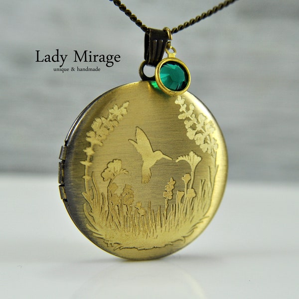 Hummingbird - Locket Necklace - Wildflowers - Emerald Green - Photo Locket - Family Photo - Brass - Photo Pendant - Great Gift Idea