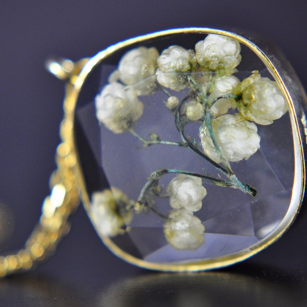 925 zilver - ketting met echte witte bloemen - 14K goud verguld -  cadeau voor haar - bruidssieraden - uniek - handgemaakt - vierkant
