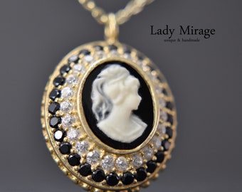 925 Sterling - Chain - Gemme - Gold Plated - Vintage Style - Necklaces with Pendants - Black - Gift for Mom - Gold Chain with Pendant