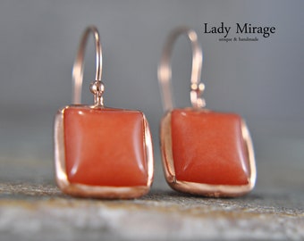 925 Sterling Silver - Jade - Earrings - Rose Gold Plated - Coral - Geometric - Square -  Trend colour