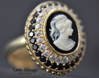 Bague en argent 925 - Plaqué or 14 carats - Lady Cameo - Cameo - Zircone - Réglable - Bijoux vintage - Gemme - Cadeau pour elle - bijoux maman