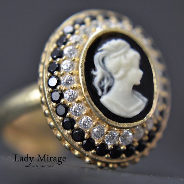 Bague en argent 925 - Plaqué or 14 carats - Lady Cameo - Cameo - Zircone - Réglable - Bijoux vintage - Gemme - Cadeau pour elle - bijoux maman