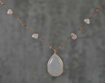 925 Sterling Rose Gold Plated - Gemstone - Teardrop - Rose Quartz Pearl Necklace with Pendant - Jewelery - Gift for Her