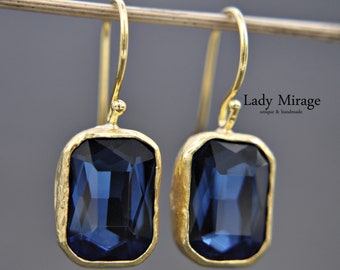 Dangling Gold Earrings - Sparkling Zirconia Crystal Earrings - Brass - Rectangular - Elegant - Sapphire Blue - Wedding -Bridal -Gift for Her