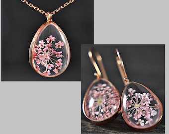 Gift Set with Real Flowers - 925 sterling silver -  earrings and necklace - pink - gift for her