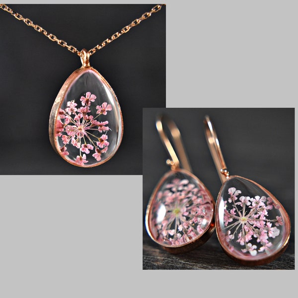 Gift Set with Real Flowers - 925 sterling silver -  earrings and necklace - pink