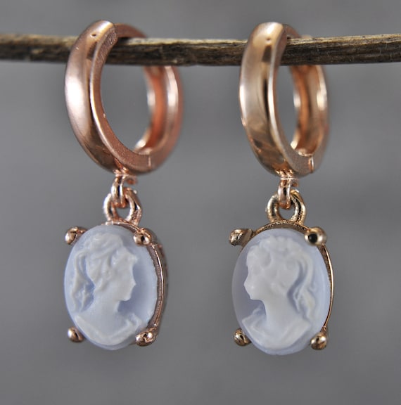 925 Silver Hoop Earrings Lady Cameo Vintage Rosegold Plated