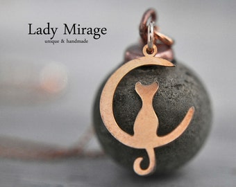 Cat & Moon - 925 Sterling Silver Concrete Necklace - Rose Gold