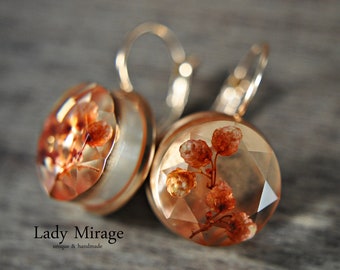 Rose Gold Plated Earrings with Real Flowers - Peach