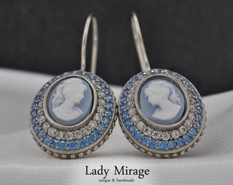 925 Silver Luxurious Earrings - Hanging Earrings - Lady Cameo Women - Crystal Blue - Gift for Her - Mother - Birthday - mom jewelry