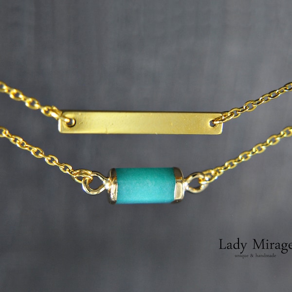 18K Gold Plated Layered Necklace with Jade -Blue-