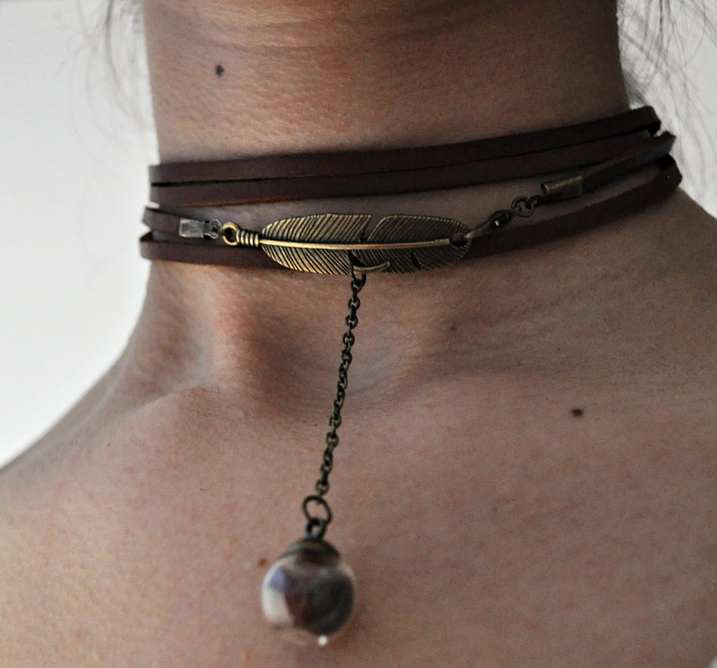 Real Feather Genuine Leather Choker imagen 3