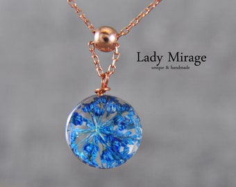 Real flowers - 925 silver - chain - blue - rose gold - ball - 45 cm - adjustable - handmade - unique - gift for her - pressed flowers