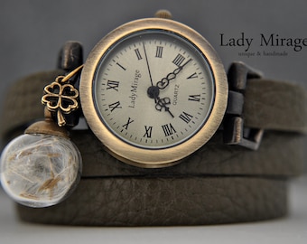 Uhr für Frauen - Glück  - Leather Gift - Armbanduhr - Personalised - gift for her - Pusteblume - Löwenzahn - Kleeblatt - Glücksbringer